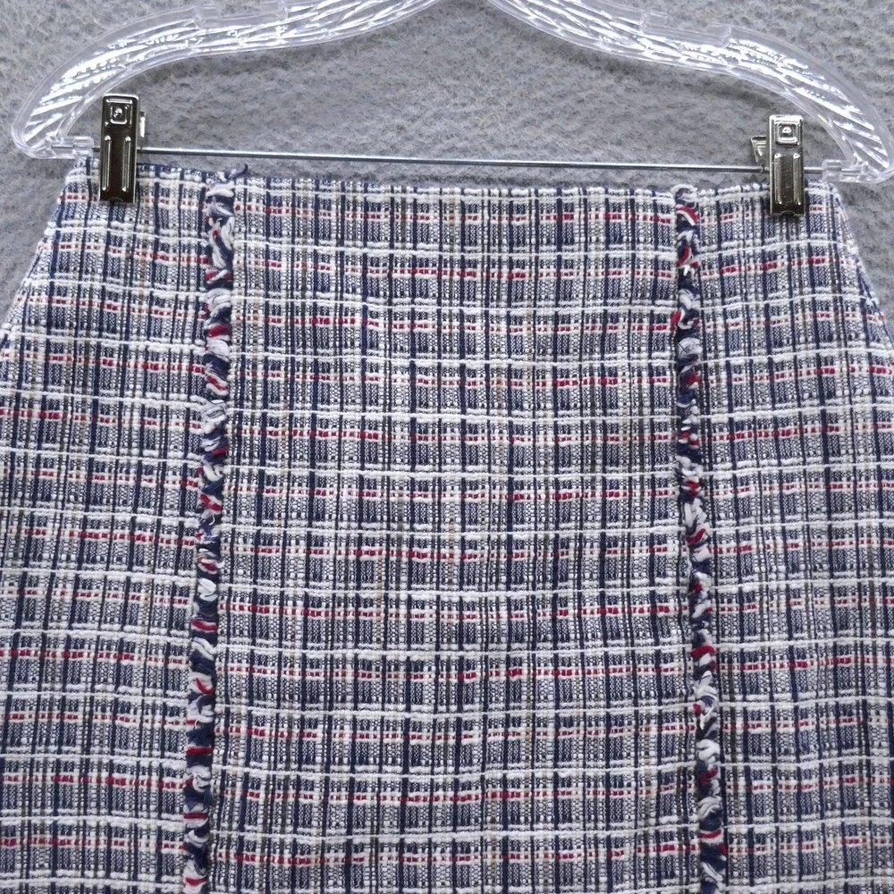 J Crew Womens Navy‎ Blue Red White Plaid Tweed Fringe Pencil Skirt Size 4